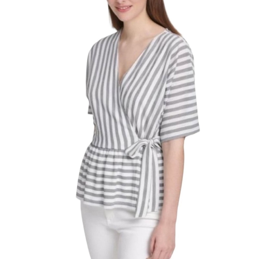 Dkny‎ Striped V Neck Faux Wrap Top Size S